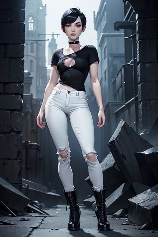 (full body:1.4),Cute 18 yo English woman with raven black hair, (short:1.1),(pale:1.4), ice blue eyes,(small breasts:1.2),((pixie cut)), Smoky eye, mascara, spiked choker, low rise skinny jeans, black t-shirt, boots.