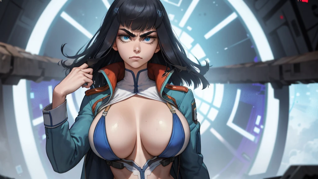 (masterpiece, highest quality, best quality, official art, beautiful and aesthetic: 1.2), (1girl), extremely detailed, (fractal art: 1.3), colorful, highest detailed, black hair, perfect face, upper body, HDR, bright colors, hellsing, seras, standing, breast focus, breasts, huge breasts, bare breasts, boob window, sexy, wide hips, thick figure, Detailed blue eyes, Detailed face, Detailed eyes, perfect face, perfect eyes, sexy clothing, skimpy, breast window, annoyed, frustrated 