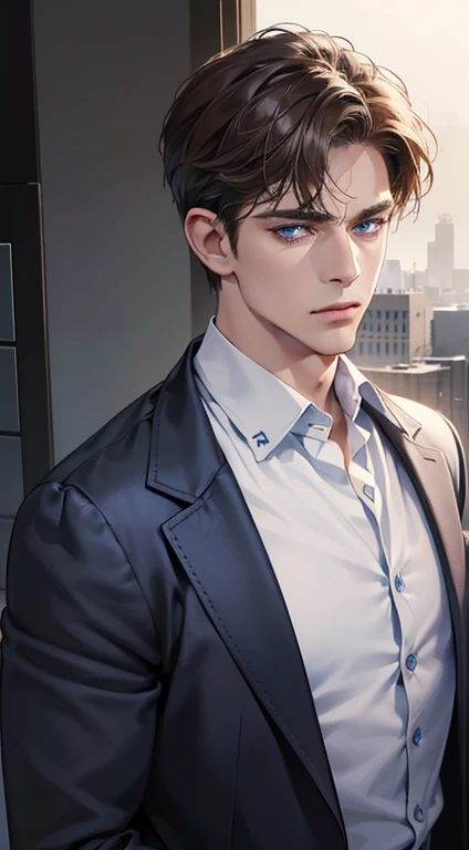 (best quality, masterpiece, 8K, photorealistic, cinematic lighting, 1:4 hdr image, ultra detailed, beautiful image), a mature man, very handsome, ((cold expression)), short Brown hair, blue eyes, face perfect without mistakes, ((buttoning his jacket, CEO))