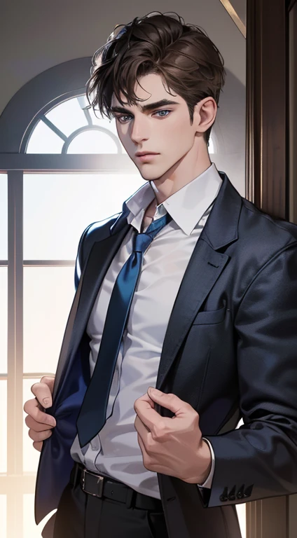 (best quality, masterpiece, 8K, photorealistic, cinematic lighting, 1:4 hdr image, ultra detailed, beautiful image), a mature man, very handsome, ((cold expression)), short Brown hair, blue eyes, face perfect without mistakes, ((buttoning his jacket, CEO))