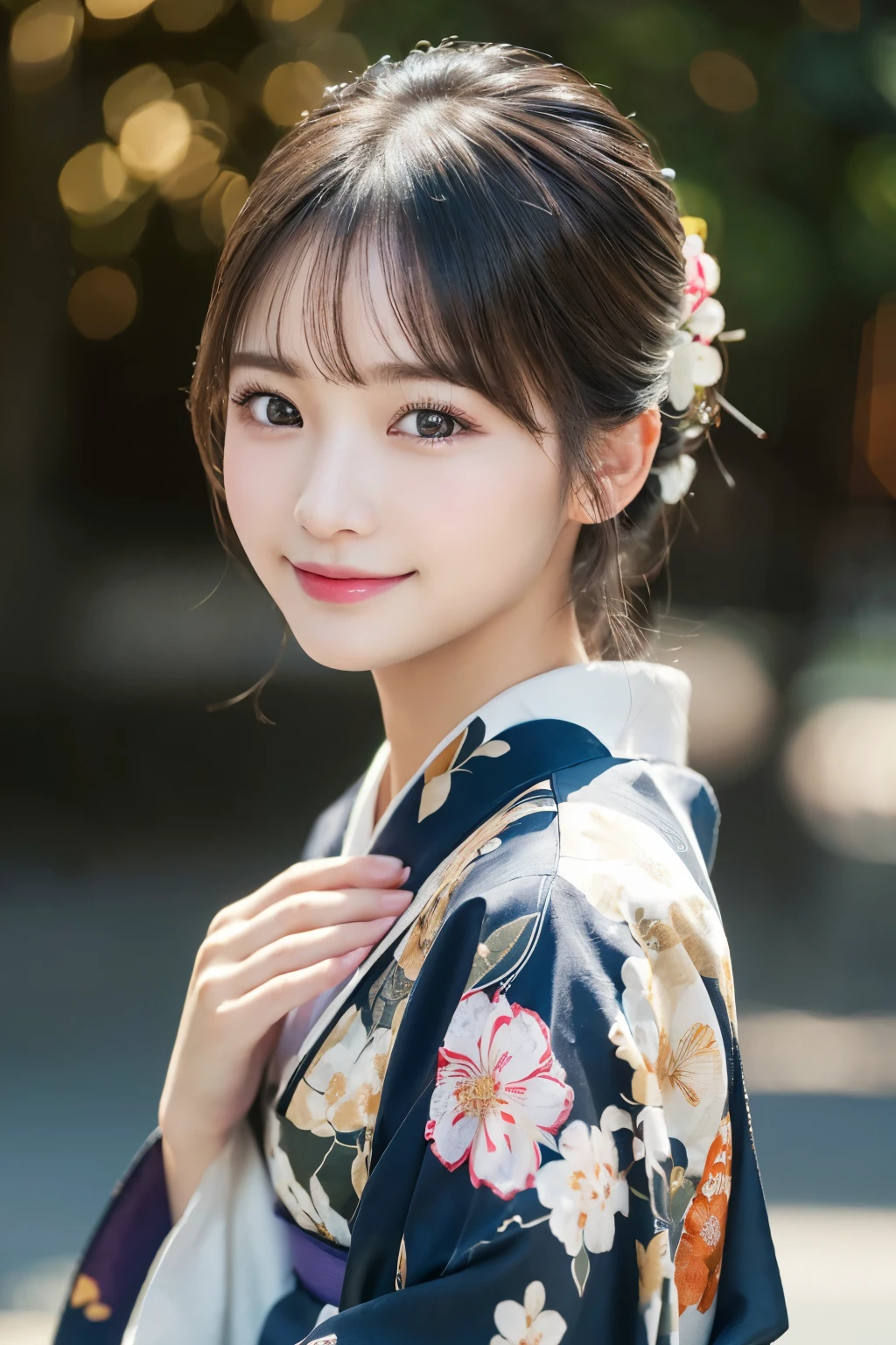 (kimono)、(highest quality、8k、High resolution、masterpiece:1.2)、Very detailed、(Realistic、photoRealistic、photo-Realistic:1.3)、Bokeh、Portraiture、Smile、(Detailed eyes、beautiful girl、Young face、Detailed face、No makeup)、Slightly backlit、Professional Lighting、Caustics