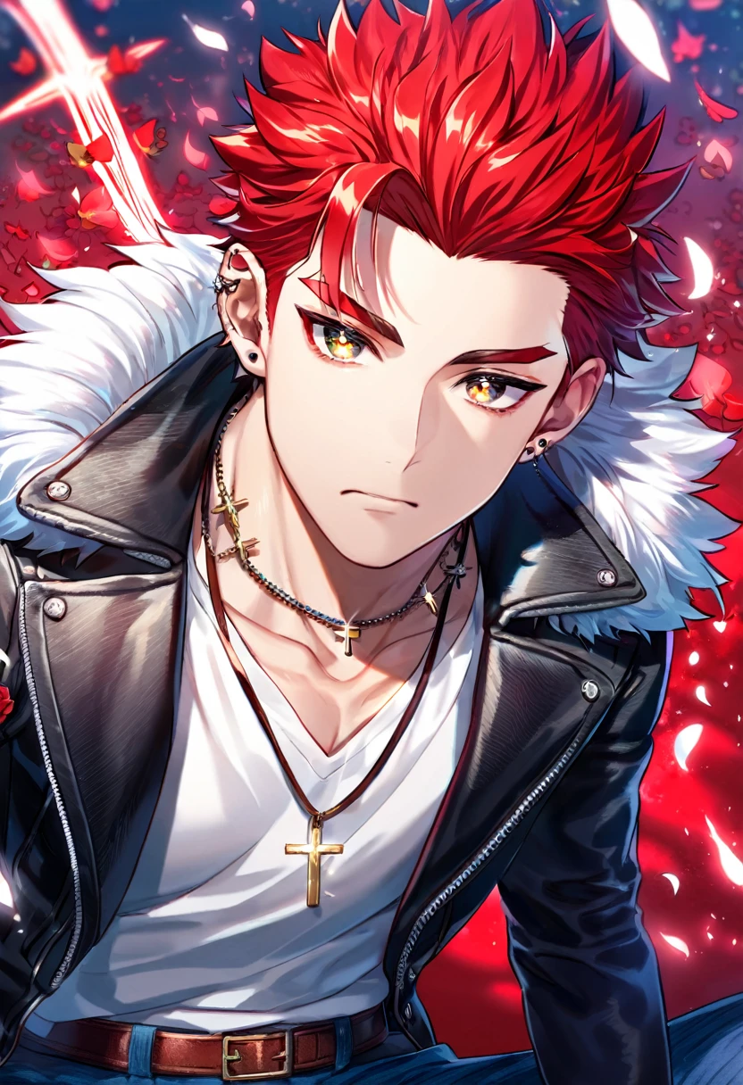 Ultra detailed, Highres, absurdres, HDR, Suoh Mikoto, red hair is kept short ruffled and spiked with two strands of hair near the opposite sides of his head falling on his face as well as distinct sideburns, K, expressive golden eyes, black leather jacket with a fur collar and a white V-neck underneath, silver ring, a star-shaped necklace, a piercing in his left ear, red flowers, petals, handsome, man, solo, very detailed eyes and face, glittering small red butterflies, master piece, glittering, fantasy, cross, red background, fire, sitting, blue pants, brown belt