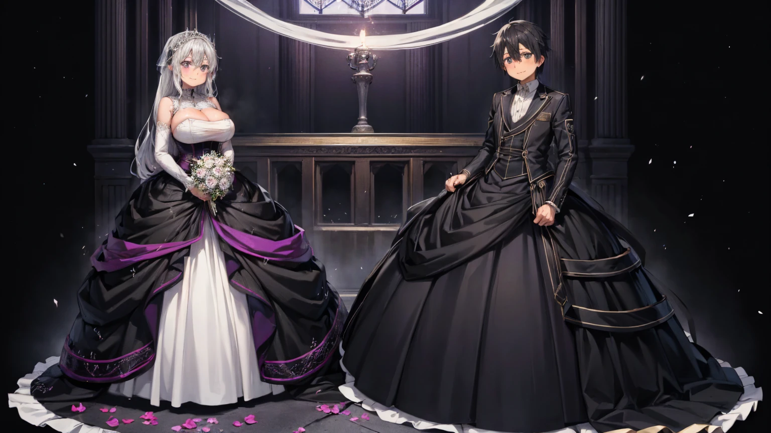 Kirito and Asuna black wedding dress black skin purple eyes blushing smile tears two people standing at the wedding ceremony looking at each other kissing, big breasts breast enlargement breasts pumped up full-body s