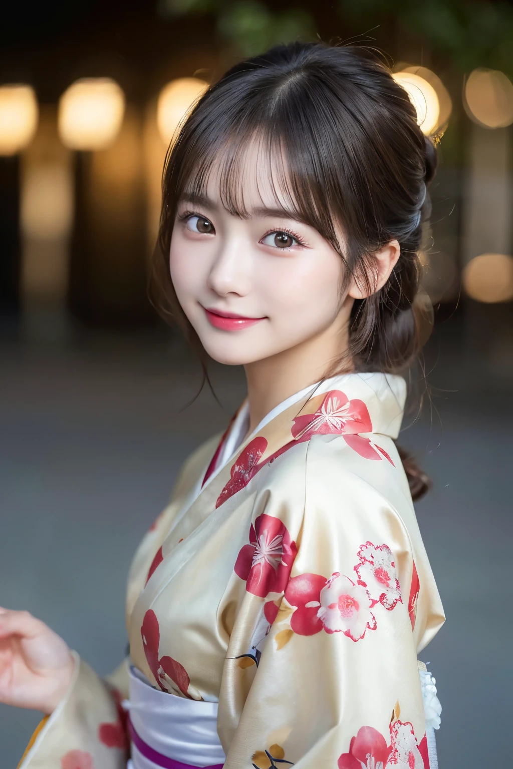 （kimono）、(highest quality、8k、High resolution、masterpiece:1.2)、Very detailed、(Realistic、photoRealistic、photo-Realistic:1.3)、Bokeh、Portraiture、Smile、(Detailed eyes、beautiful girl、Young face、Detailed face、No makeup)、Slightly backlit、Professional Lighting、Caustics