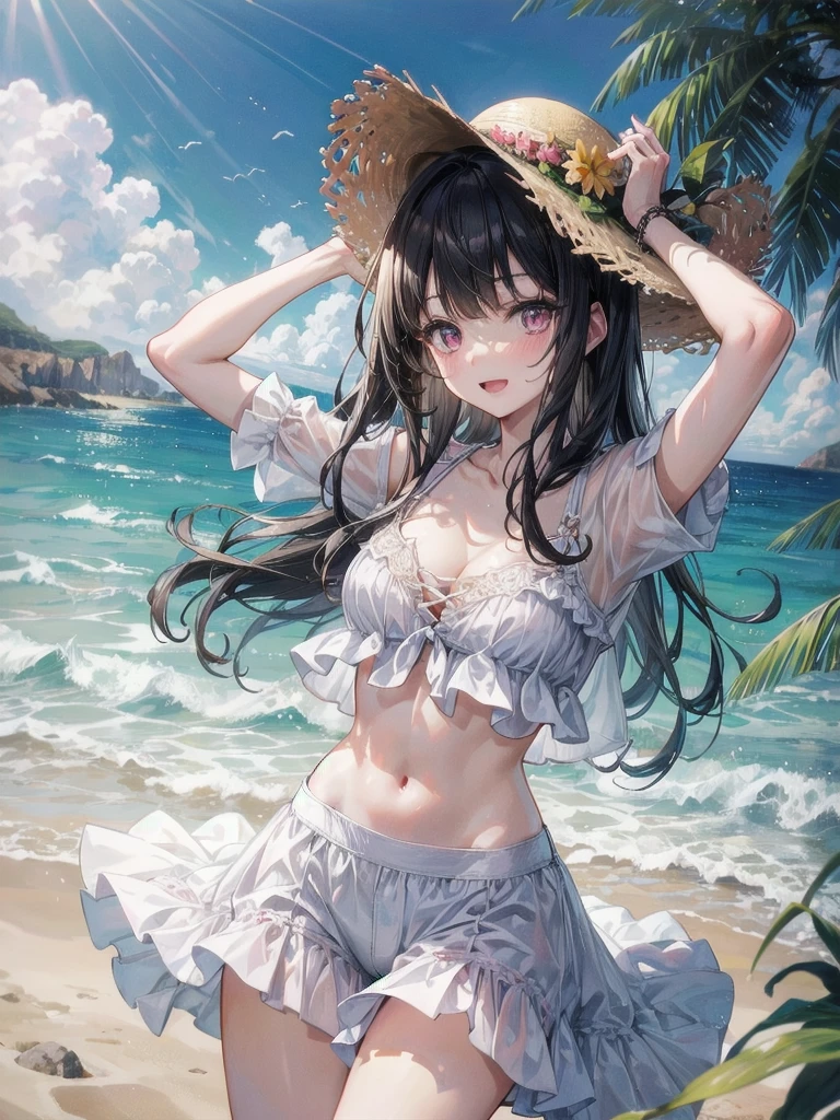 (masterpiece, best quality), 1girl, standing, cowboy shot, bent over, reaching arms, waving hands, splashing, spread legs, BREAK girl, 15 yo, (:1.5), (huge breasts:1.1), black hair, (medium hair:1.2), (curly hair:0.9), blunt bangs, pink eyes, ultra detailed eyes,(tareme:1.1), smile,open mouth, BREAK casual, (blouse, white shirt, buttoned shirt), bare shoulders, collarbone,puffy sleeves, short sleeves, gathers, frills, midriff, navel,underboob, denim shorts, straw hat BREAK outdoors, beach, in sea, summer, spain