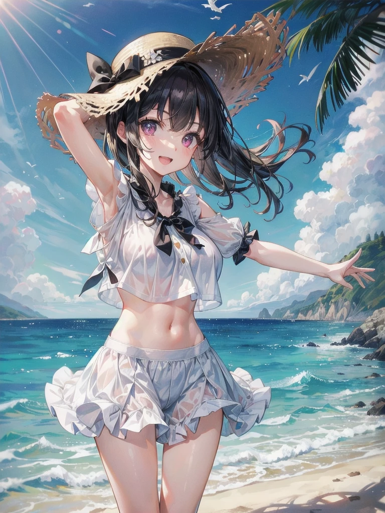 (masterpiece, best quality), 1girl, standing, cowboy shot, bent over, reaching arms, waving hands, splashing, spread legs, BREAK girl, 15 yo, (loli:1.5), (huge breasts:1.1), black hair, (medium hair:1.2), (curly hair:0.9), blunt bangs, pink eyes, ultra detailed eyes,(tareme:1.1), smile,open mouth, BREAK casual, (blouse, white shirt, buttoned shirt), bare shoulders, collarbone,puffy sleeves, short sleeves, gathers, frills, midriff, navel,underboob, denim shorts, straw hat BREAK outdoors, beach, in sea, summer, spain