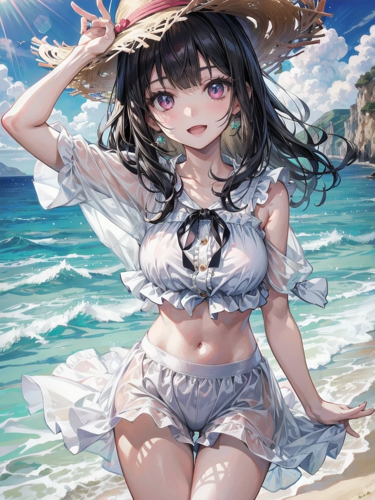 (masterpiece, best quality), 1girl, standing, cowboy shot, bent over, reaching arms, waving hands, splashing, spread legs, BREAK girl, 15 yo, (:1.5), (huge breasts:1.1), black hair, (medium hair:1.2), (curly hair:0.9), blunt bangs, pink eyes, ultra detailed eyes,(tareme:1.1), smile,open mouth, BREAK casual, (blouse, white shirt, buttoned shirt), bare shoulders, collarbone,puffy sleeves, short sleeves, gathers, frills, midriff, navel,underboob, denim shorts, straw hat BREAK outdoors, beach, in sea, summer, spain