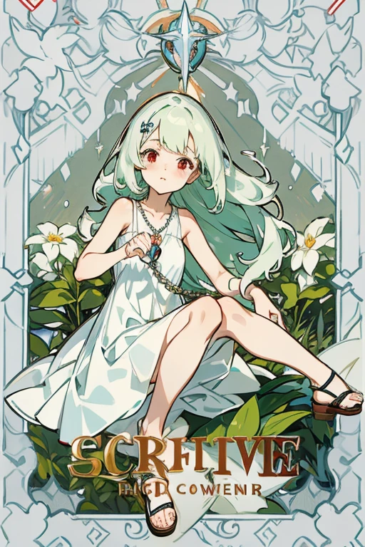 masterpiece, key anime visual, hi-res, softlight, anime girl with red eyes and white skin, adolescent, light green hair, straight hair that falls to her knees, wearing a plain white sleeveless mini dress, wearing tan sandals, , in the style of redjuice999, in a garden, happy, looking up at camera, left side swept bangs, long wavy side fringe hair to her shoulders, silver heart locket necklace on thin silver chain, cute pose,
