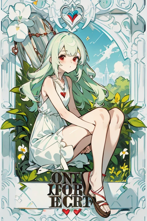masterpiece, key anime visual, hi-res, softlight, anime girl with red eyes and white skin, adolescent, light green hair, straight hair that falls to her knees, wearing a plain white sleeveless mini dress, wearing tan sandals, , in the style of redjuice999, in a garden, happy, looking up at camera, left side swept bangs, long wavy side fringe hair to her shoulders, silver heart locket necklace on thin silver chain, cute pose, 