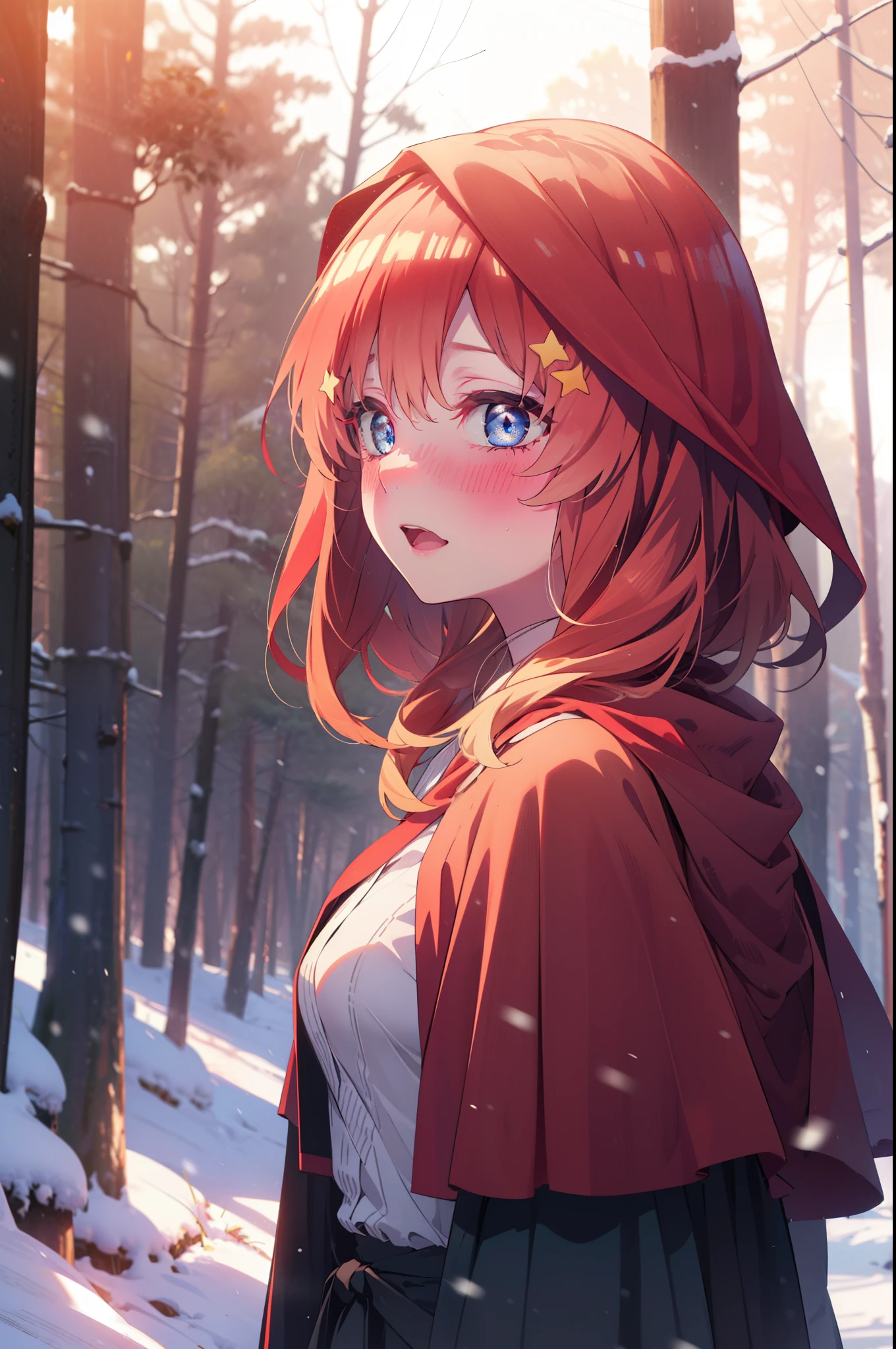 itsukinakano, Itsuki Nakano, bangs, blue eyes, Hair between the eyes, Ahoge, Redhead, star \(symbol\), hair ornaments, star hair ornaments,smile,blush,White Breath,
Open your mouth,snow, fire, Outdoor,Long skirt, boots, snowing, From the side, wood, suitcase, Cape, Blurred, Increase your meals, forest, White handbag, nature,  Squat, Mouth closed, フードed Cape, winter, Written boundary depth, Black shoes, red Cape break looking at viewer, Upper Body, whole body, break Outdoor, forest, nature, break (masterpiece:1.2), highest quality, High resolution, unity 8k wallpaper, (shape:0.8), (Beautiful and beautiful eyes:1.6), Highly detailed face, Perfect lighting, Highly detailed CG, (Perfect hands, Perfect Anatomy),