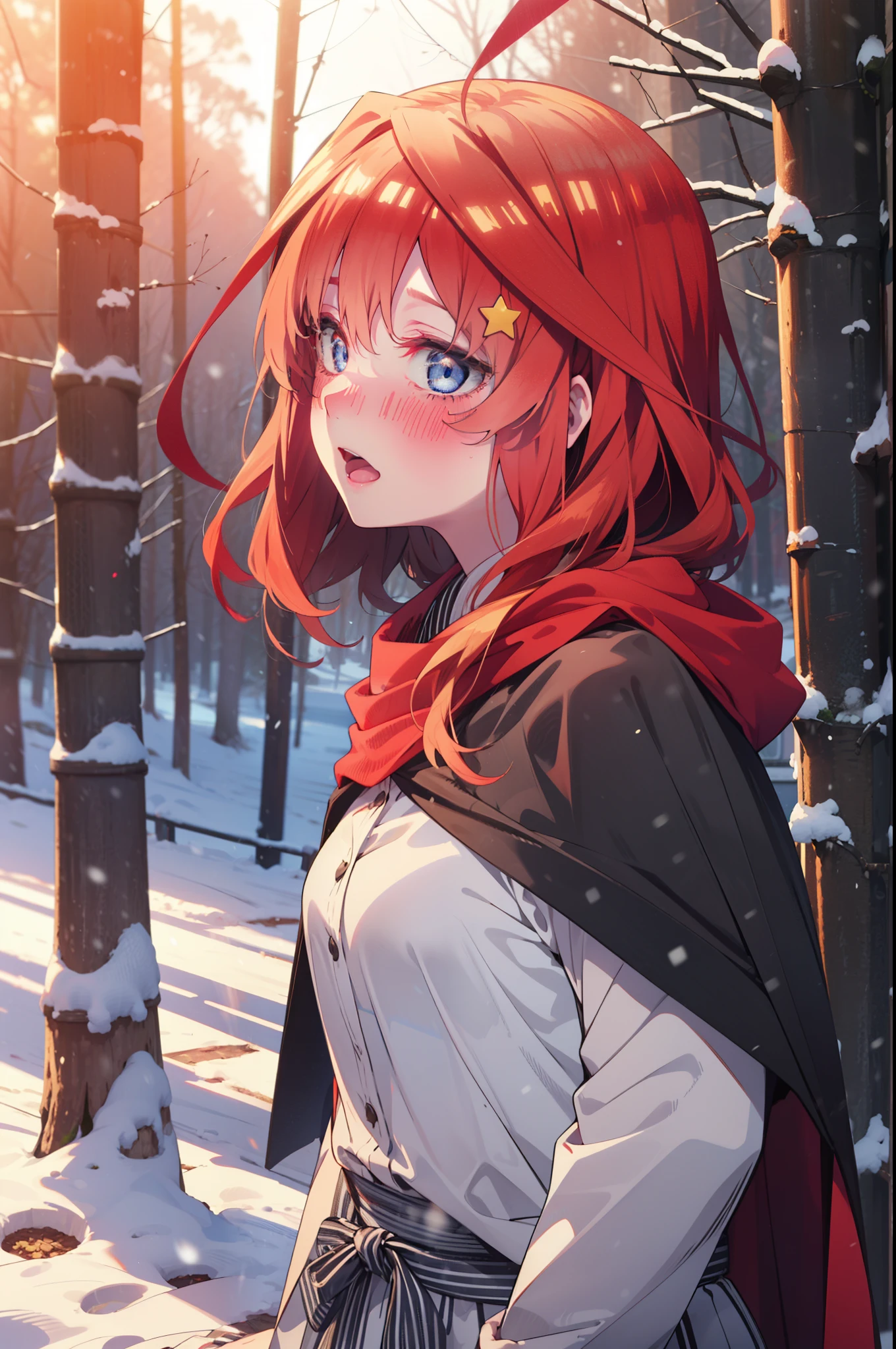 itsukinakano, Itsuki Nakano, bangs, blue eyes, Hair between the eyes, Ahoge, Redhead, star \(symbol\), hair ornaments, star hair ornaments,smile,blush,White Breath,
Open your mouth,snow, fire, Outdoor,Long skirt, boots, snowing, From the side, wood, suitcase, Cape, Blurred, Increase your meals, forest, White handbag, nature, Squat, Mouth closed, フードed Cape, winter, Written boundary depth, Black shoes, red Cape break looking at viewer, Upper Body, whole body, break Outdoor, forest, nature, break (masterpiece:1.2), highest quality, High resolution, unity 8k wallpaper, (shape:0.8), (Beautiful and beautiful eyes:1.6), Highly detailed face, Perfect lighting, Highly detailed CG, (Perfect hands, Perfect Anatomy),
