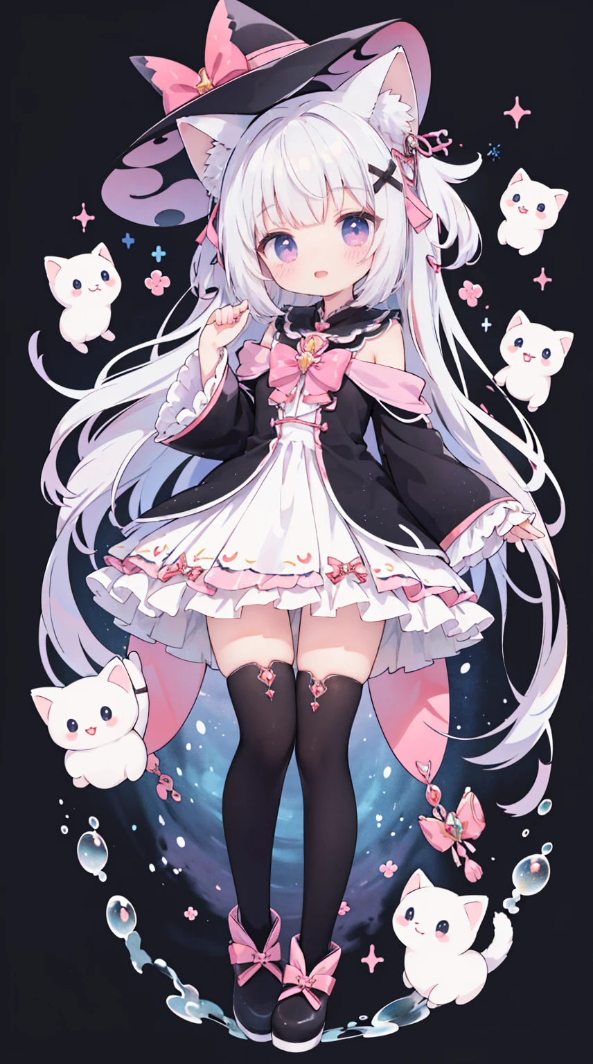 Wearing a witch costume、Anime girl wearing cat and hat、Has cat ears、white hair girl、Anime drawing by Shitao、pixiv、Magical Realism、Cute anime waifu wearing a beautiful dress、Wearing white stockings(Or black stockings)、Magical girl、Kawaii、splash art anime 、Anime cute art style、Anime visuals of cute girls, , Magical girl肖像, nightcore
