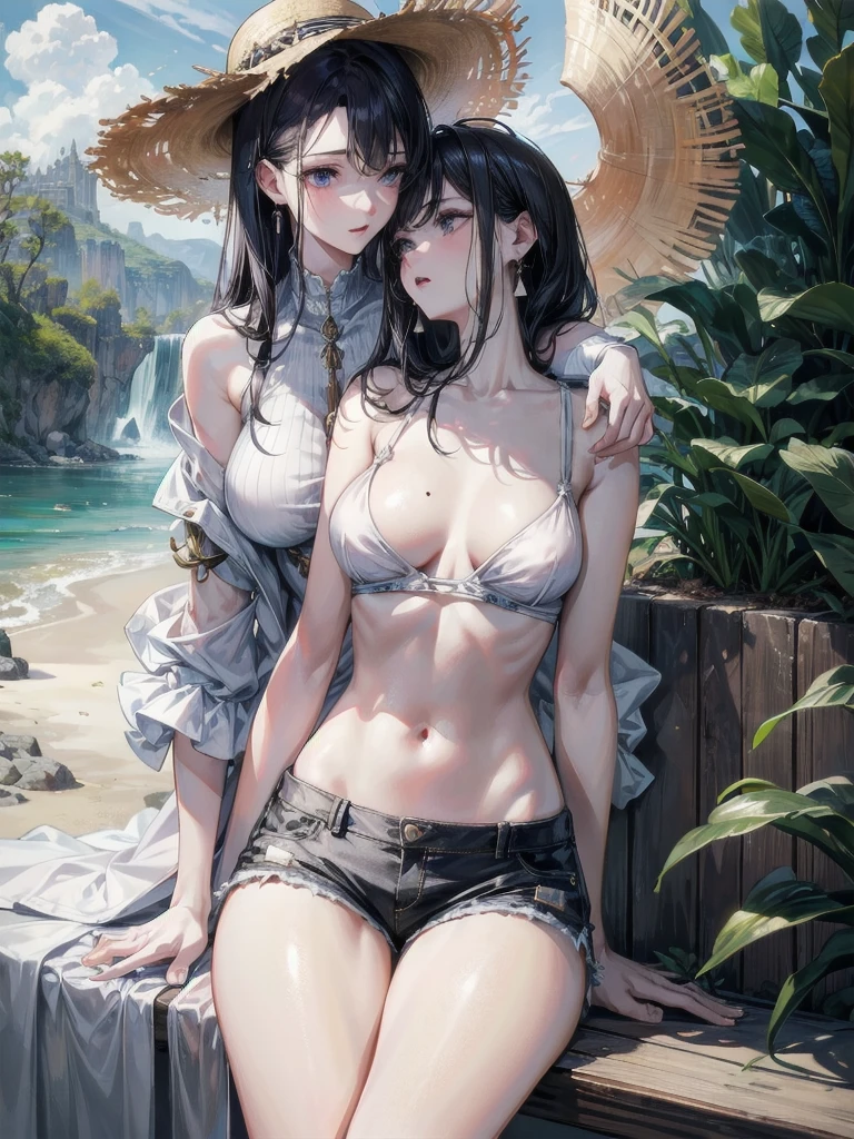 absurdres, RAW photo, extremely delicate and beautiful, masterpiece, Best Quality, ultra high resolution, 32k, hyperrealistic, ultra-detailed, detailed description, perfect anatomy, pale skin, 20 years old, detailed beautiful face and eyes, tearful mole, earring, short medium hair, wavy hair, whole body shot, colossal tits, casual, blouse, white shirt, buttoned shirt, bare shoulders, collarbone, midriff, navel, shorts, straw hat, ((yuri)), (((2 girls))),