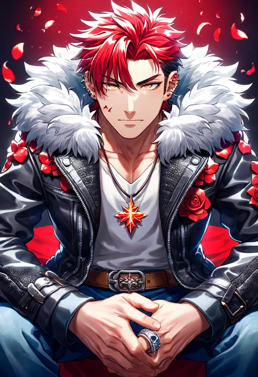 Ultra detailed, Highres, absurdres, HDR, Suoh Mikoto, red hair is kept short ruffled and spiked with two strands of hair near the opposite sides of his head falling on his face as well as distinct sideburns, K, expressive golden eyes, black leather jacket with a fur collar and a white V-neck underneath, silver ring, a star-shaped necklace, a piercing in his left ear, red flowers, petals, handsome, man, solo, very detailed eyes and face, glittering small red butterflies, master piece, glittering, fantasy, cross, red background, fire, sitting, blue pants, brown belt