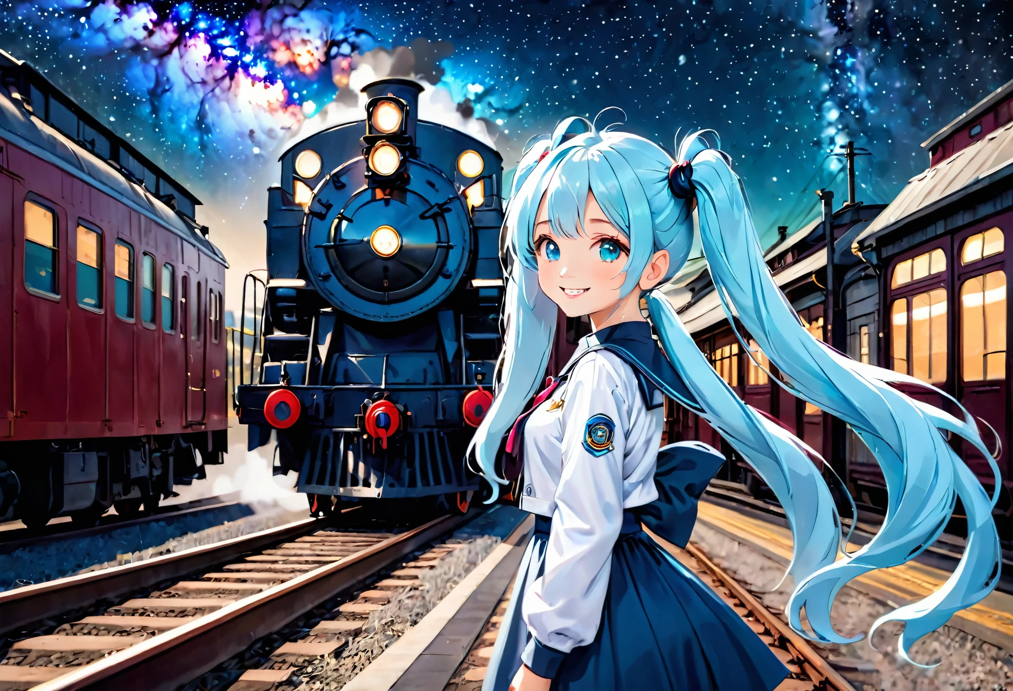 Beautiful girl looking at the train tracks leading to the future from the platform Light blue long hair Beautiful girl with twin tails Bright smile Large in the center A steam locomotive heading into space You can see the Milky Way from the station