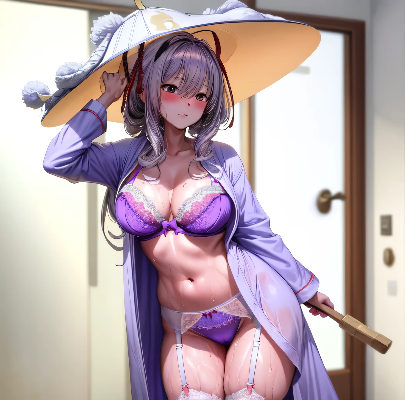masterpiece, highest quality, scarlet, Grey long hair, Very large breasts、Open bathrobe、purple Lace Bra、Thong、garter belt、Hat on head、Embarrassed expression、Wet body、