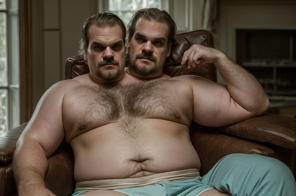 (((conjoined twins))), 1man, ((((david harbour)))), middle aged, short graying hair, ((obese, overweight, fat, chubby, heavy, dadbod)), ((shirtless, boxers)), navel, body hair, dreamy atmosphere, dark cyan and red, i can't believe how beautiful this is, serene atmosphere, epic realistic, soft cinematic light, intricate, highly detailed, (depth of field:1.4), faded, neutral colors, (hdr:1.4), muted colors:1.2, hyperdetailed, cinematic, dramatic light, intricate details, dim room scenery, intricate details, skin texture, detailed expressions, natural pose, sitting in recliner