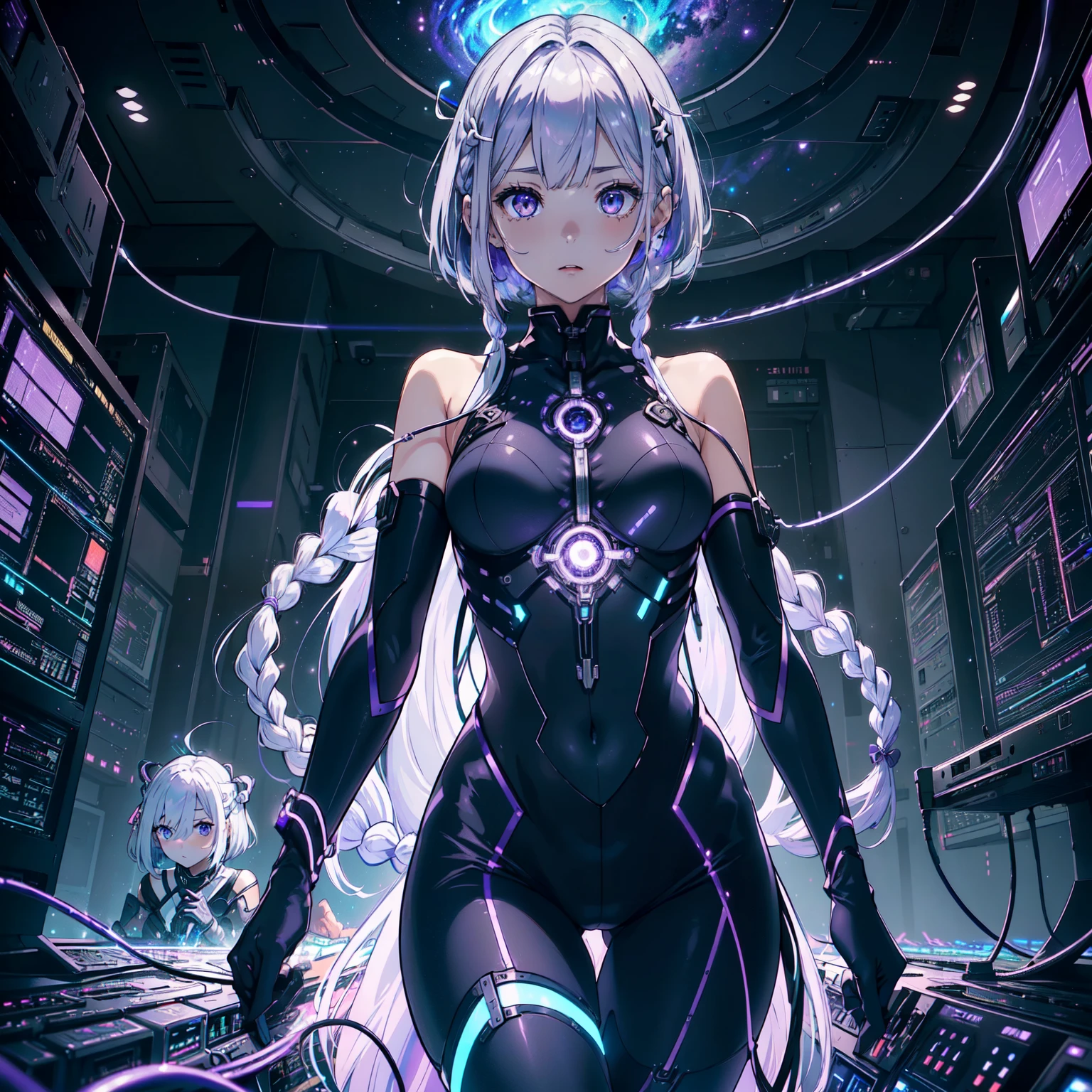 (Two women:1.4)、(A female researcher with silver bob hair:1.4)、(Cryptic Girl:1.4、Purple white gradient twin long braided hair:1.4)、(透明な人工子宮の中に1人のCryptic Girl、Floating in amniotic fluid、Natural standing posture)、(Numerous digital wires connect the girl from the uterus、Glowing Wiring、Wiring is as follows:々It emits a variety of colors.)、Huge monitor screen、highest quality、8k、 High resolutionアート、High resolution、Very detailed、Cyber Space、meteor、milky way、nebula、chiffon、Backlight、amazing splash、 Sparkling, Dazzling Light、