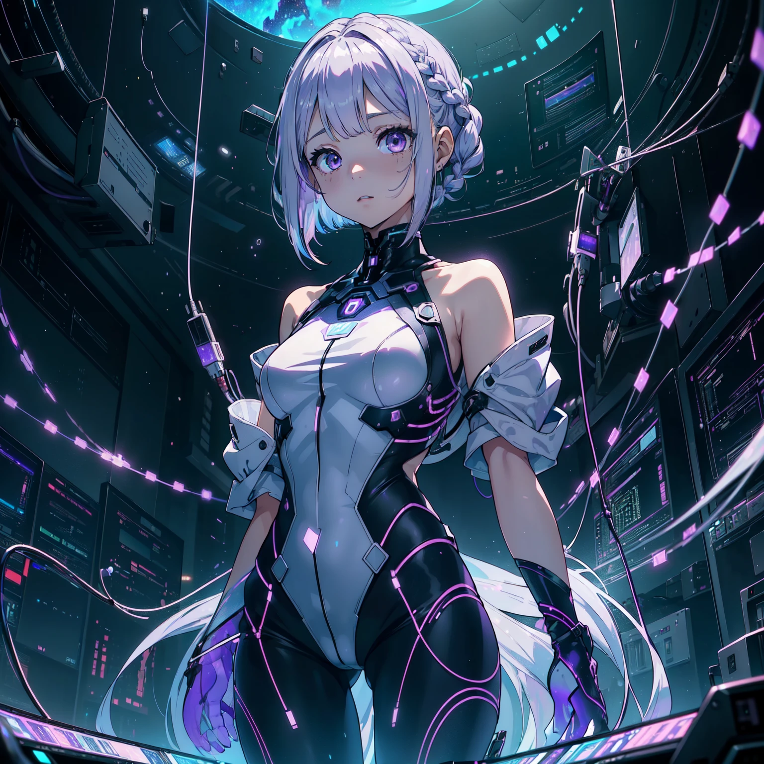 (Two women:1.4)、(A female researcher with silver bob hair:1.4)、(Cryptic Girl:1.4、Purple white gradient twin long braided hair:1.4)、(透明な人工子宮の中に1人のCryptic Girl、Floating in amniotic fluid、Natural standing posture)、(Numerous digital wires connect the girl from the uterus、Glowing Wiring、Wiring is as follows:々It emits a variety of colors.)、Huge monitor screen、highest quality、8k、 High resolutionアート、High resolution、Very detailed、Cyber Space、meteor、milky way、nebula、chiffon、Backlight、amazing splash、 Sparkling, Dazzling Light、