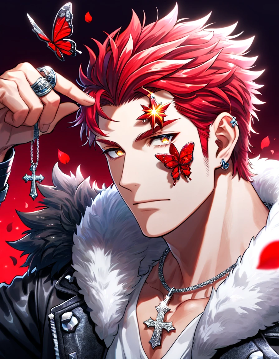 Ultra detailed, Highres, absurdres, HDR, Suoh Mikoto, red hair is kept short ruffled and spiked with two strands of hair near the opposite sides of his head falling on his face as well as distinct sideburns, K, expressive golden eyes, black leather jacket with a fur collar and a white V-neck underneath, silver ring, a star-shaped necklace, a piercing in his left ear, red flowers, petals, handsome, man, solo, very detailed eyes and face, glittering small red butterflies, master piece, glittering, fantasy, cross, red background, fire,