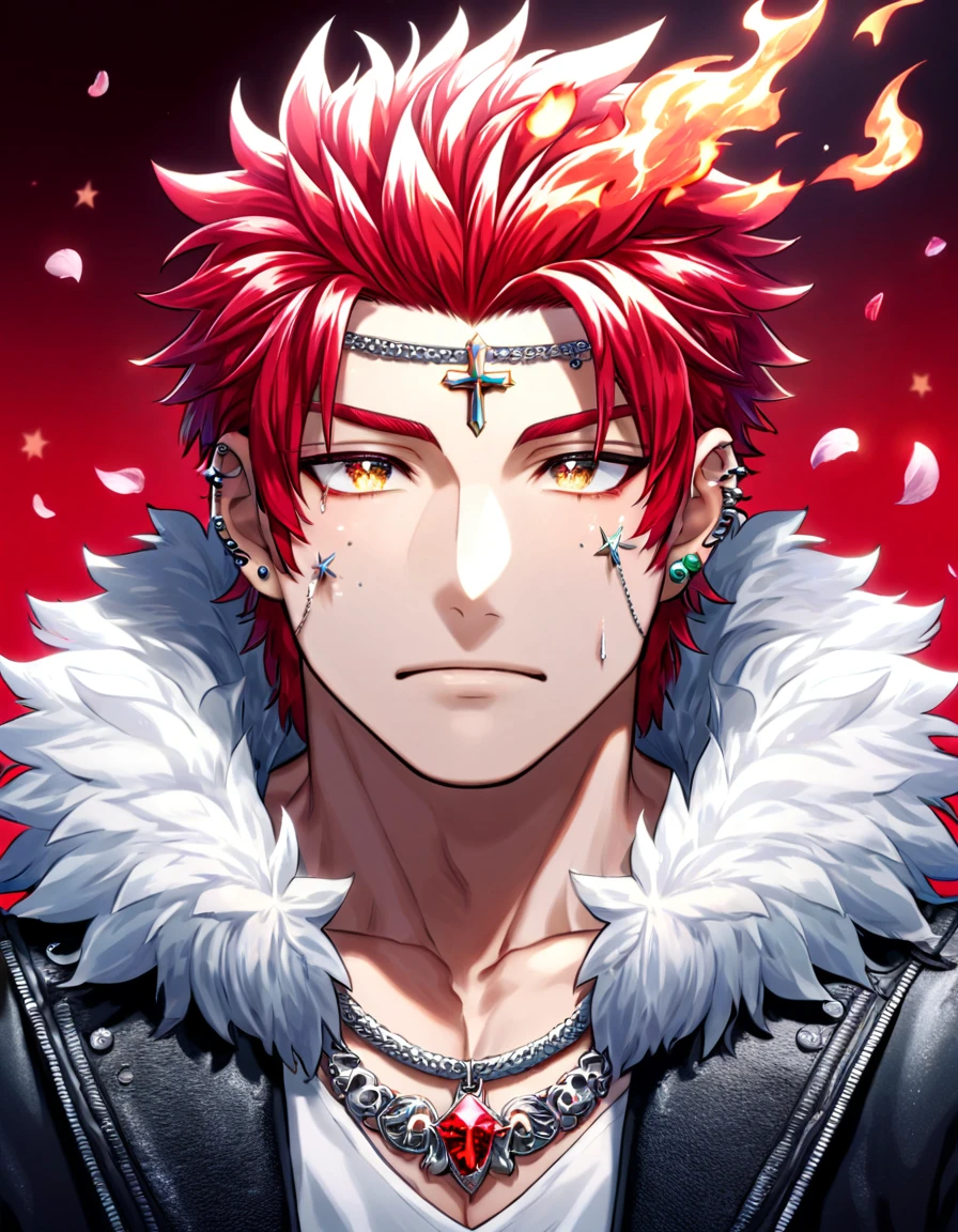 Ultra detailed, Highres, absurdres, HDR, Suoh Mikoto, red hair is kept short ruffled and spiked with two strands of hair near the opposite sides of his head falling on his face as well as distinct sideburns, K, expressive golden eyes, black leather jacket with a fur collar and a white V-neck underneath, silver ring, a star-shaped necklace, a piercing in his left ear, red flowers, petals, handsome, man, solo, very detailed eyes and face, glittering small red butterflies, master piece, glittering, fantasy, cross, red background, fire,