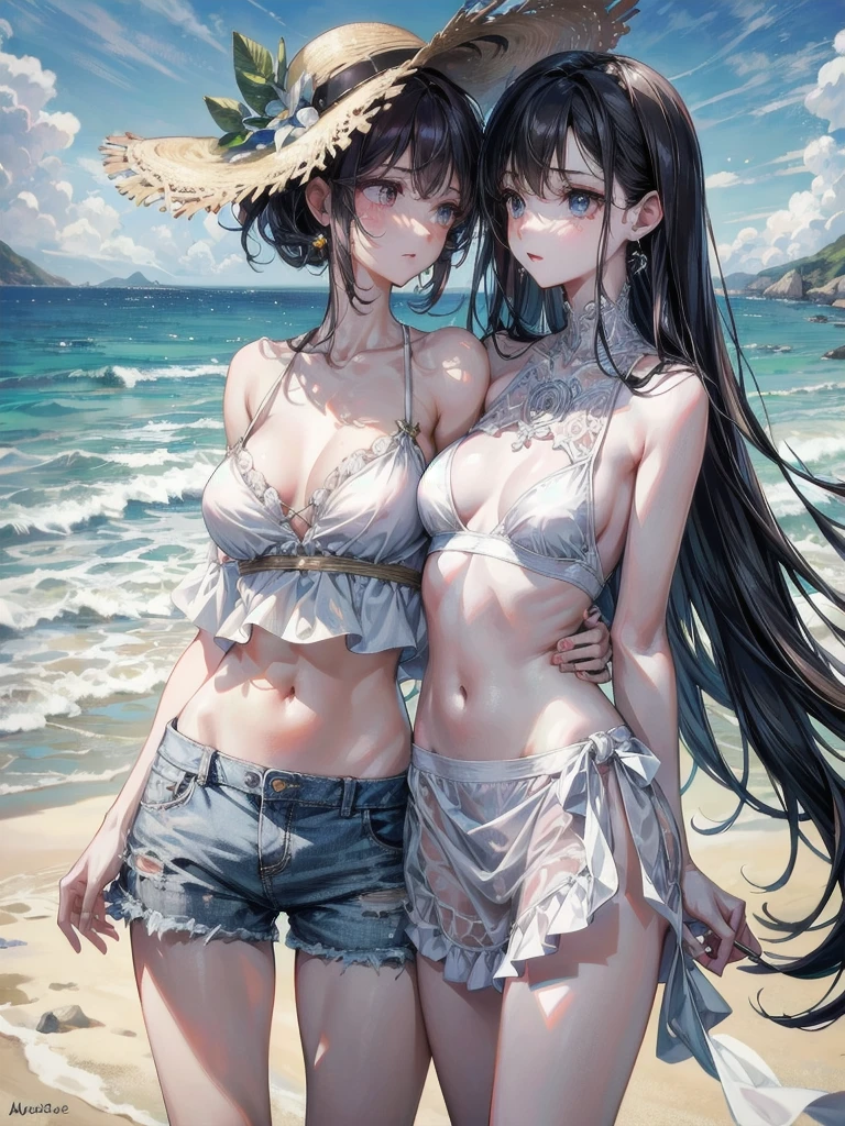 absurdres, RAW photo, extremely delicate and beautiful, masterpiece, Best Quality, ultra high resolution, 32k, hyperrealistic, ultra-detailed, detailed description, perfect anatomy, pale skin, 20 years old, detailed beautiful face and eyes, tearful mole, earring, short medium hair, wavy hair, whole body shot, colossal tits, casual, blouse, white shirt, buttoned shirt, bare shoulders, collarbone, midriff, navel, shorts, straw hat, outdoors, beach, in sea, summer, spain, ((yuri)), (((2 girls))),