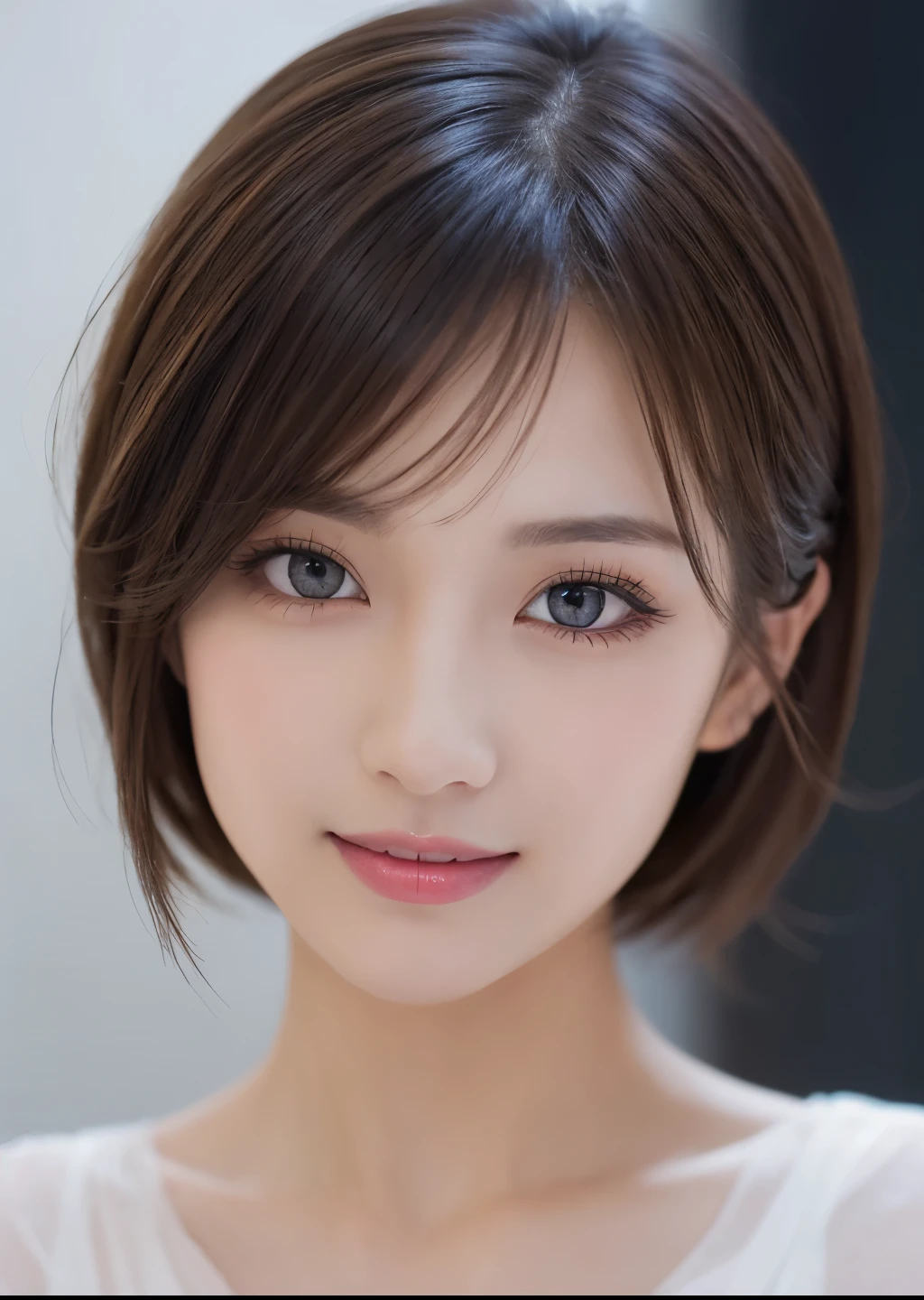 One Girl, makeup:1.3、Eyeshadow 1.3、(Wear trendy fashion:1.2), (RAW Photos, highest quality), (Realistic, Realistic:1.4), Tabletop, Very delicate and beautiful, Very detailed, 2k wallpaper, wonderful, In detail, Very detailedな CG Unity 8K 壁紙, Very detailedな, High resolution, Soft Light, Beautiful detailed girl, Looking into the camera、Very detailedな目と顔, Beautiful and detailed nose, Beautiful details, short hair, small, Milky white sheer dress、White Background、The background is gray、Cinema Lighting, Perfect Anatomy, Slender body, smile,
