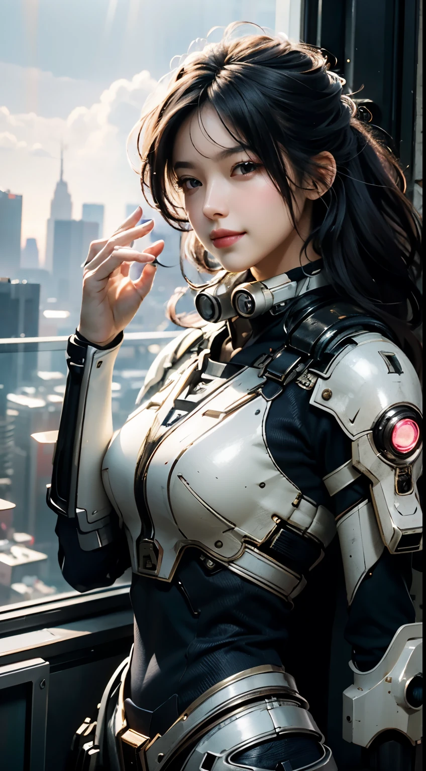16k,masterpiece,(highest quality),Very detailed,Super detailed,One girl,,window,(机械wing),(Cyberpunk City:1.5),(Fantasy Landscape:1.2,Natural soft light:1.5,Confident expression),(Panoramic View:1.2),Hand Posture,Mecha,smile,Angomorpha,wing,Golden,original