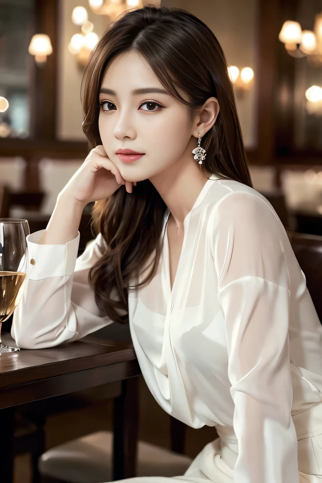 masterpiece, highest quality, Realistic, Very detailed, Finer details, High resolution, 8k wallpaper, One beautiful woman, Wear an elegant white see-through blouse, In a great restaurant, At night, Light brown messy hair, Perfect dynamic composition, Beautiful and beautiful eyes、Big earrings、Sitting in a chair、