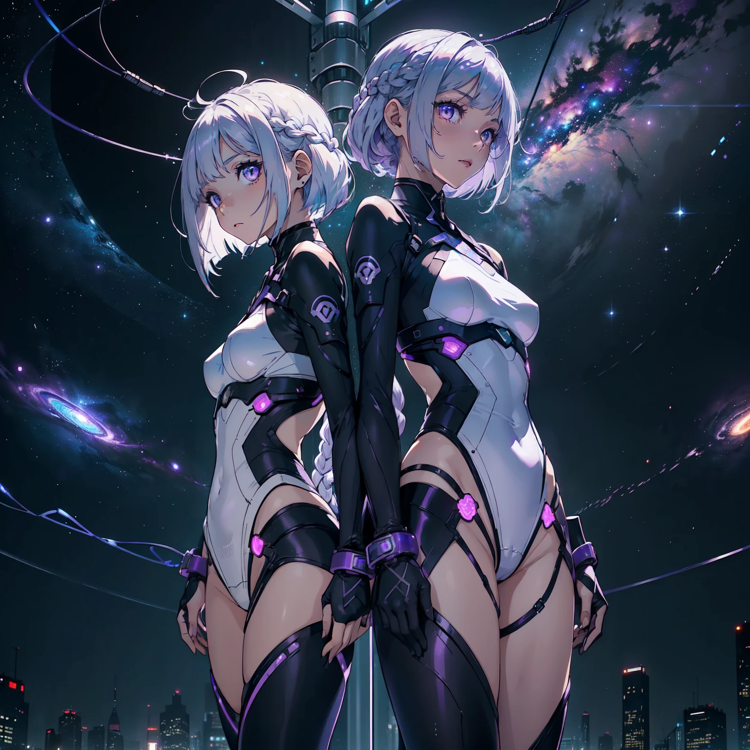 (Two women:1.4)、(A female researcher with silver bob hair:1.4)、(Cryptic Girl:1.4、Purple white gradient twin long braided hair:1.4)、(透明な人工子宮の中に1人のCryptic Girl、Floating in amniotic fluid、Natural standing posture)、(Numerous digital wires connect the girl from the uterus、Glowing Wiring、Wiring is as follows:々It emits a variety of colors.)、Huge monitor screen、highest quality、8k、 High resolutionアート、High resolution、Very detailed、Cyber Space、meteor、milky way、nebula、chiffon、Backlight、amazing splash、 Sparkling, Dazzling Light、