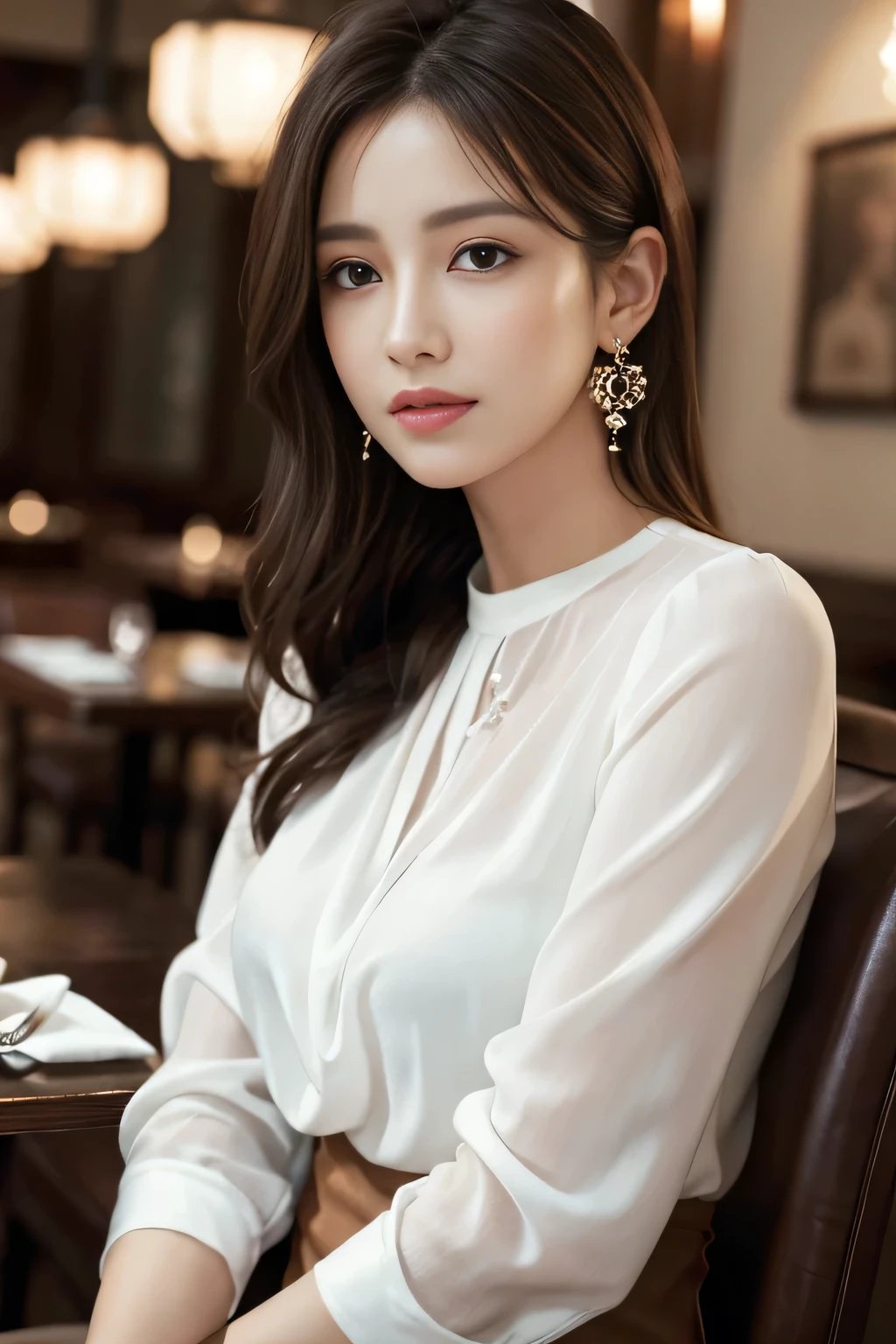 masterpiece, highest quality, Realistic, Very detailed, Finer details, High resolution, 8k wallpaper, One beautiful woman, Wear an elegant see-through blouse, In a great restaurant, At night, Light brown messy hair, Perfect dynamic composition, Beautiful and beautiful eyes、Big earrings、Sitting in a chair、