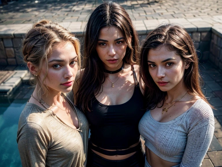(top view: 1.2), a bit of distance away from camera, full body shot, (straight half of the body: 1.4), RAW UHD portrait photo ((2 women)), 30-year-old blondes (blue-hazel eyed women) , standing beside each other looking at camera, (mid-drifts showing with belly button piercings:1.1), (they are wearing tight low-waisted leggings, slight mound, loungewear shirts with Greek print:1.1), (they each have gold necklaces with the letter: "N"), details (textures! , hair! ), eyes with high detail (looking at the camera), (exterior stark Desert resort patio, terracotta tile, cult community,)ultra-quality, sharpness, depth of field, film grain (center), Fujifilm XT3, crystal clear, frame center, beautiful face, sharp focus, detailed skin pores, , blushing, complex eye details, full body, fuller lips, (romantic light:1.5), radiant skin, perfectly framed face, perfect relaxed hands, perfect fingers, incredible details, ((high contrast)), (deep, darkest shadows)(perfect portrait, incredible eyes:1.1), a work of art,sexy beautiful composition, golden ratio, inspiring, (highest quality fabric texture), every detail,Fine facial features – (Highest Quality) ,Leica camera film, High quality ○○ detailed – ○○ details ultra detailed(Ultra-fine ), Photorealistic, Extremely detailed(Extremely detailed) , (highest detail image, realistic)○○ res – ○○ resolution ultra high res(A high resolution),