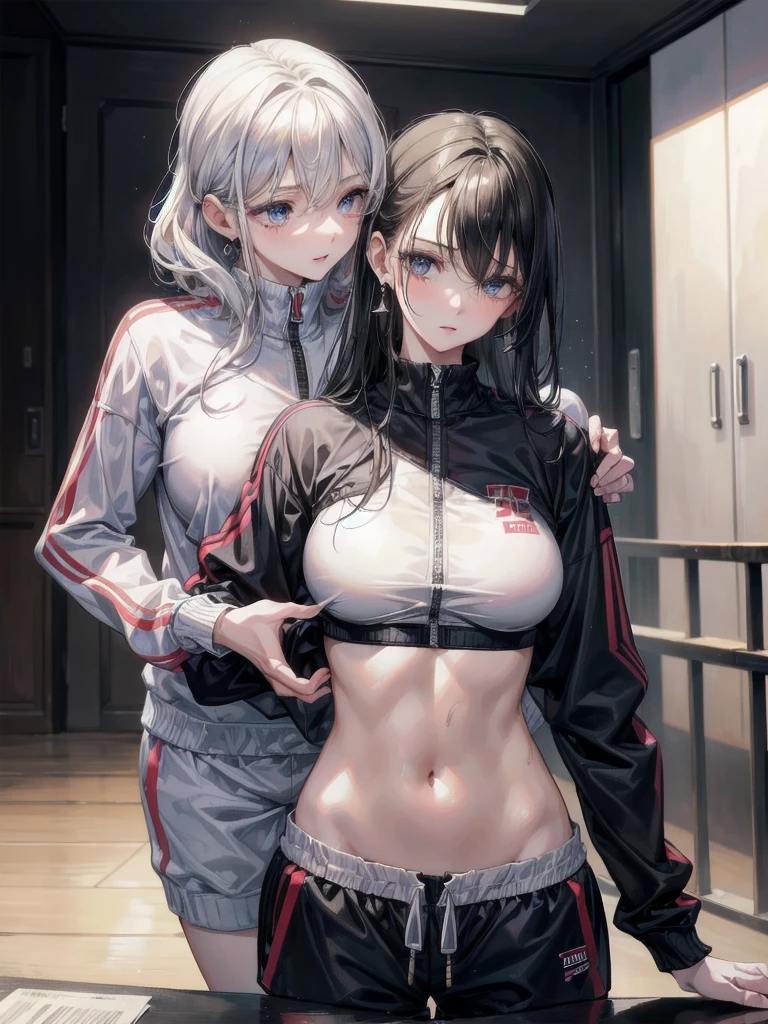 absurdres, RAW photo, extremely delicate and beautiful, masterpiece, Best Quality, ultra high resolution, 32k, hyperrealistic, ultra-detailed, detailed description, perfect anatomy, pale skin, 20 years old, detailed beautiful face and eyes, tearful mole, earring, short medium hair, wavy hair, whole body shot, colossal tits, ((track suit)), ((midriff)), ((shorts)), ((yuri)), (((2 girls))),