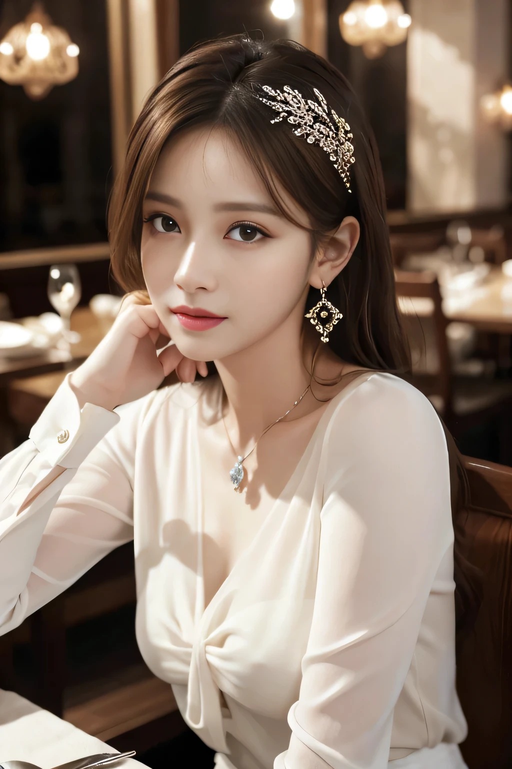 masterpiece, highest quality, Realistic, Very detailed, Finer details, High resolution, 8k wallpaper, One beautiful woman, Wear an elegant white see-through blouse, In a great restaurant, At night, Light brown messy hair, Perfect dynamic composition, Beautiful and beautiful eyes、Big earrings、Sitting in a chair、
