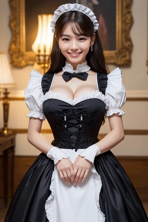 (highest quality、Tabletop、8k、Best image quality、Award-winning works)、One beautiful woman、Glowing Beautiful Skin、(The most luxurious and gorgeous Victorian maid dresses:1.3)、Maid uniform with apron、Maid clothes with frills、Huge black and white maid dress、Gorgeous long skirt maid outfit、Shiny Ultra HD Skins、(Accurate anatomy:1.1)、A gentle Look at me and smile、(Photo from the waist up:1.1)、Huge breasts、Cleavage、Her breasts are spilling out of her maid outfit、(Standing Elegantly:1.1)、(Blurred background of the most luxurious mansion:1.2)、Portrait Photography、(Very atmospheric, Romantic and warm lighting:1.1)、光を受けてGlowing Beautiful Skin、(The most detailed and perfect face:1.1)、(The most detailed eyes:1.1)、(Beautiful and moisturized skin:1.1)、Look at me and smile