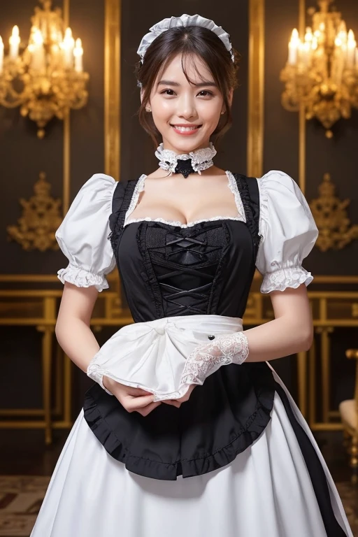 (highest quality、Tabletop、8k、Best image quality、Award-winning works)、One beautiful woman、Glowing Beautiful Skin、(The most luxurious and gorgeous Victorian maid dresses:1.3)、Maid uniform with apron、Maid clothes with frills、Huge black and white maid dress、Gorgeous long skirt maid outfit、Shiny Ultra HD Skins、(Accurate anatomy:1.1)、A gentle Look at me and smile、(Photo from the waist up:1.1)、Huge breasts、Cleavage、Her breasts are spilling out of her maid outfit、(Standing Elegantly:1.1)、(Blurred background of the most luxurious mansion:1.2)、Portrait Photography、(Very atmospheric, Romantic and warm lighting:1.1)、光を受けてGlowing Beautiful Skin、(The most detailed and perfect face:1.1)、(The most detailed eyes:1.1)、(Beautiful and moisturized skin:1.1)、Look at me and smile