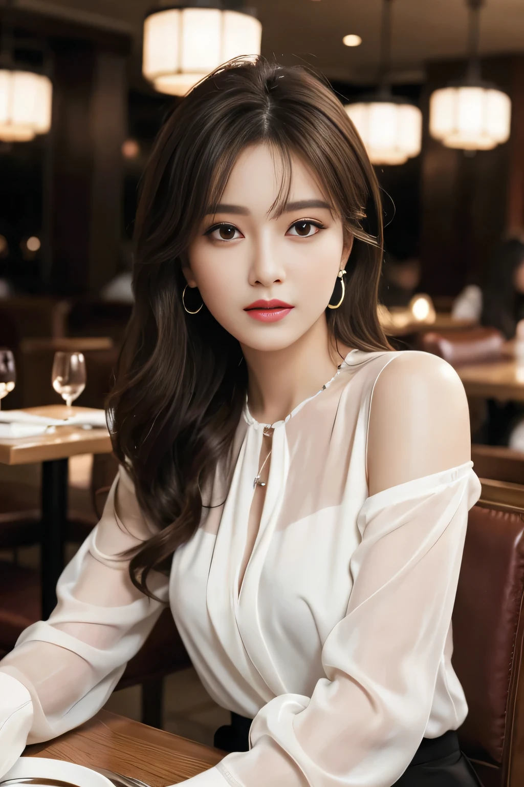 masterpiece, highest quality, Realistic, Very detailed, Finer details, High resolution, 8k wallpaper, One beautiful woman, Wear an elegant white see-through blouse, In a great restaurant, At night, Light brown messy hair, Perfect dynamic composition, Beautiful and beautiful eyes、Big earrings、Sitting in a chair、