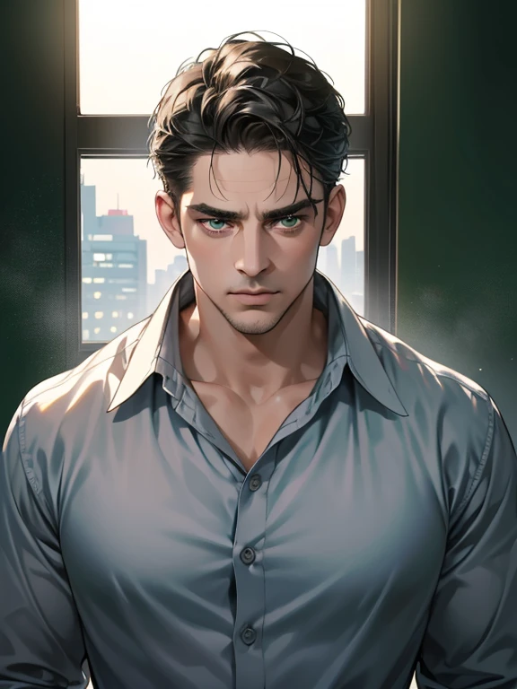 (best quality, masterpiece, 8K, photorealistic, cinematic lighting, hdr image, ultra detailed, beautiful image), 1 man, 36 years old, mature man, very handsome, (without expression, serious), short black hair, green eyes ( penetrating gaze), imposing posture, businessman, office background