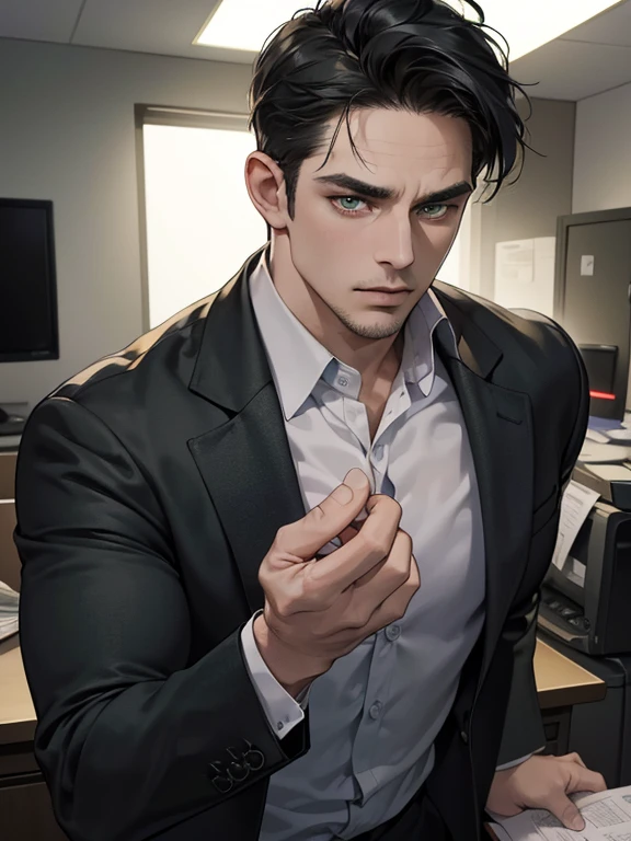 (best quality, masterpiece, 8K, photorealistic, cinematic lighting, hdr image, ultra detailed, beautiful image), 1 man, 36 years old, mature man, very handsome, (without expression, serious), short black hair, green eyes ( penetrating gaze), imposing posture, businessman, office background
