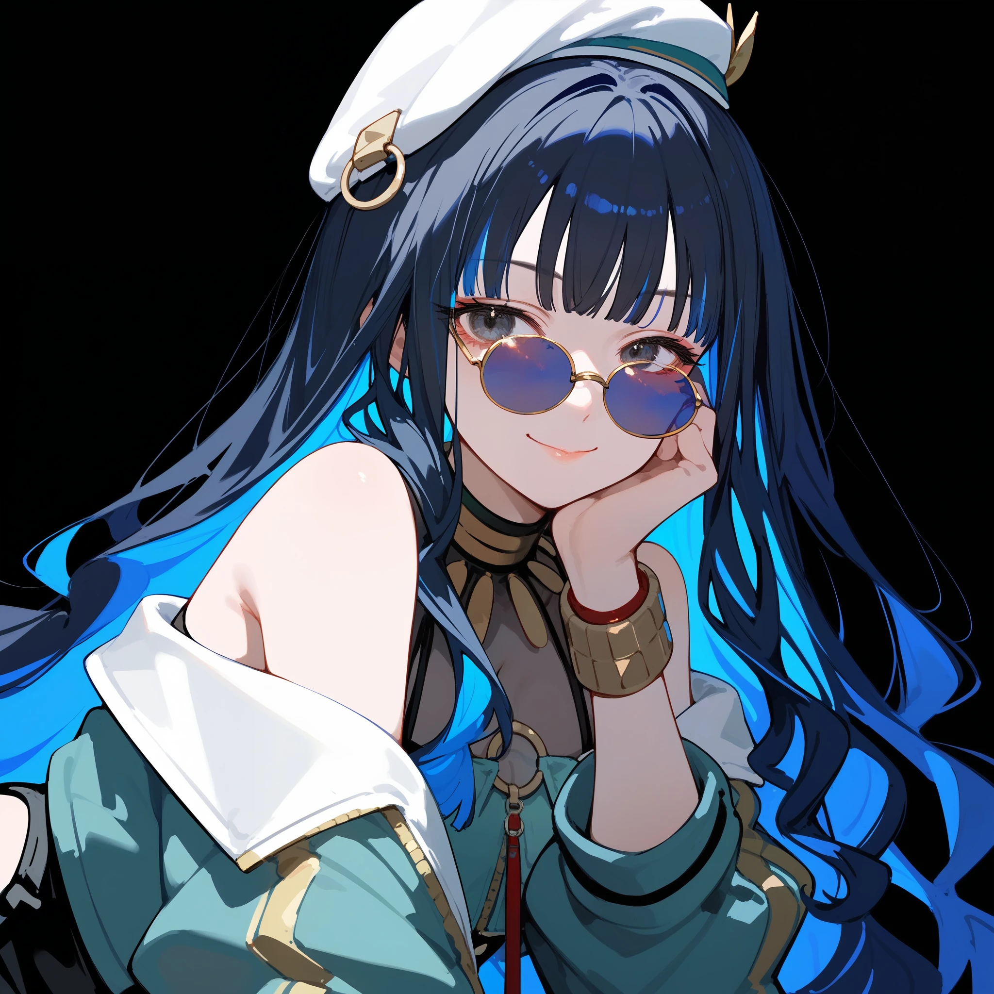 (score_9, score_8_up, score_7_up), 1girl, solo, long hair, black hair, colored inner hair, blue hair, wavy hair, eyeliner, makeup, jewelry, beret, o-ring, neck ring, black shorts, buttons, round sunglasses, bracelet, bare shoulders, green jacket, white jacket, off shoulder, zipper, from below, leaning forward, hand between thighs, thighs focus, thighs close-up, smile, closed mouth, cropped face, lower body, black background, simple background, masterpiece, 