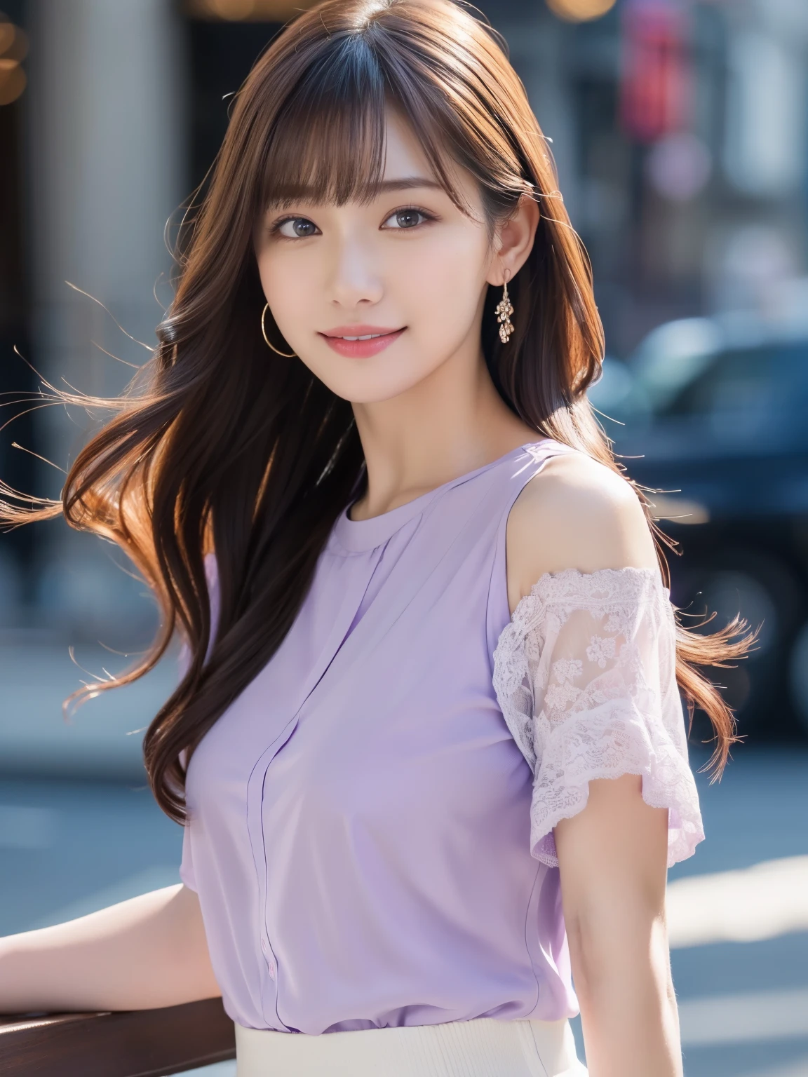1 girl,(Wearing a light purple short-sleeved blouse:1.2),(RAW Photos, highest quality), (Realistic, Photorealistic:1.4), Tabletop, Very delicate and beautiful, Very detailed, 2k wallpaper, wonderful, In detail, Very detailedなCGユニティ8K壁紙, Very detailed, High resolution, Soft Light, Beautiful detailed girl, Very detailed目と顔, Beautiful and detailed nose, Fine and beautiful eyes,Cinema Lighting,Afternoon cityscape, Perfect Anatomy, Slender body, smile, Wavy long hair, (Body facing forward), Face looking at camera,