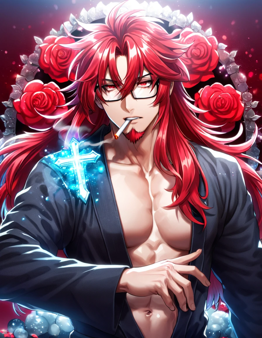 absurdres, highres, ultra detailed, HDR, master piece, best quality, Marian Cross, red long hair, hair between the eyes, with bangs, untamed hair, expressive red eyes, D.Gray-man, glasses, goatee colored red, solo, sexy man, handsome, black robes, toned chest, smoking, magical, fantasy, red background, red roses, shining, red petals, red glittering fireflies