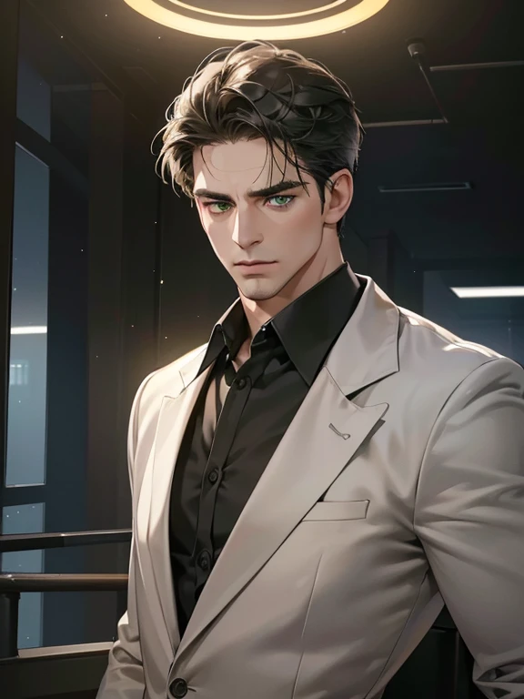 (best quality, masterpiece, 8K, photorealistic, cinematic lighting, hdr image, ultra detailed, beautiful image), 1 man, 36 years old, mature man, very handsome, (without expression, serious), short black hair, green eyes ( penetrating gaze), imposing posture, businessman, office background