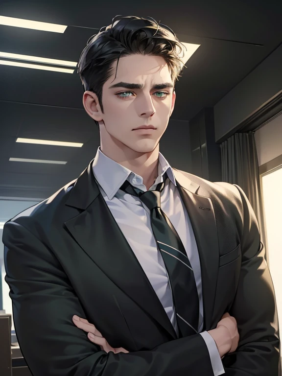 (best quality, masterpiece, 8K, photorealistic, cinematic lighting, hdr image, ultra detailed, beautiful image), 1 man, 36 years old, mature man, very handsome, (without expression, serious), short black hair, green eyes ( penetrating gaze), imposing posture, businessman, office background