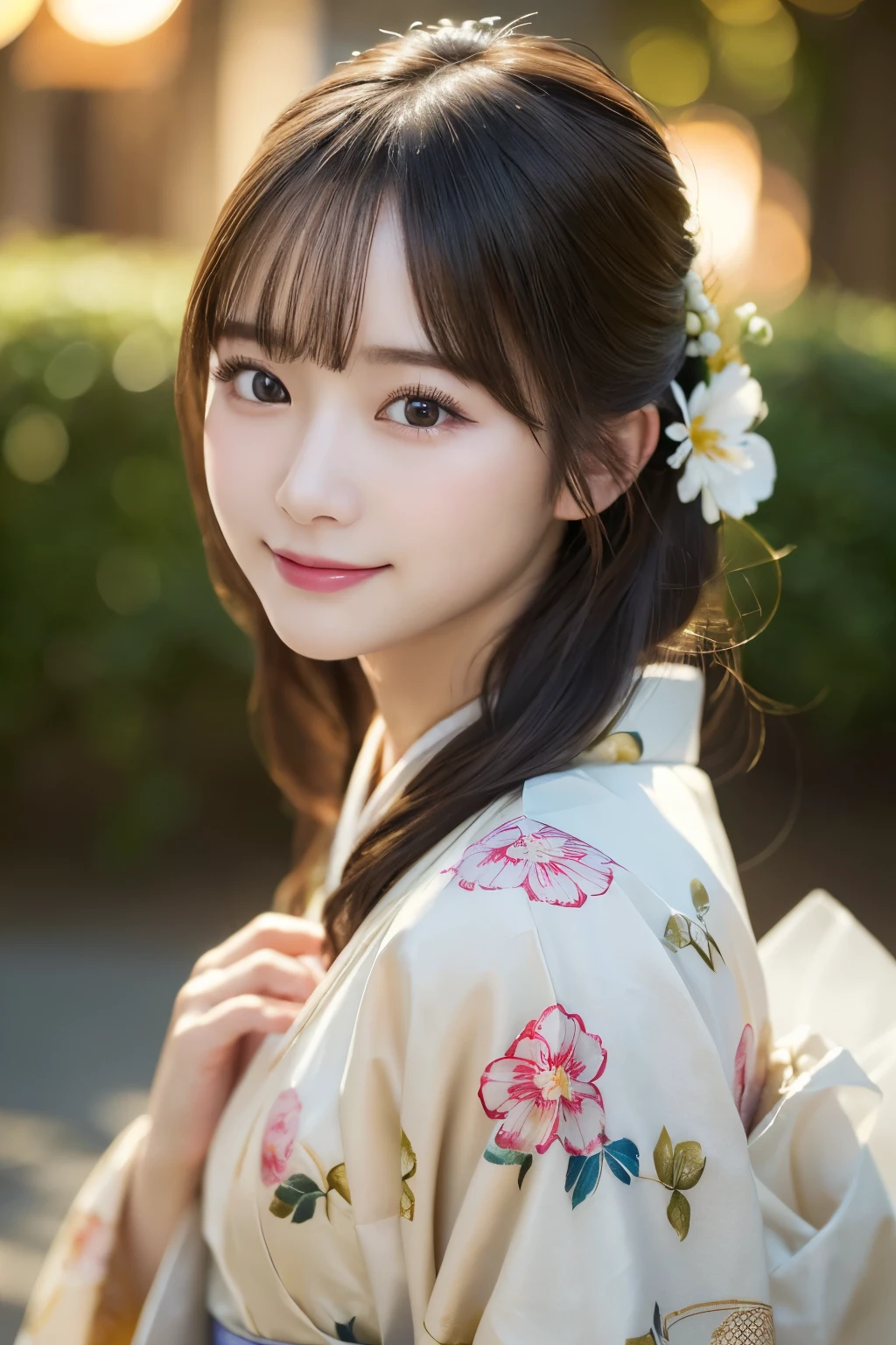 (kimono)、(highest quality、8k、High resolution、masterpiece:1.2)、Very detailed、(Realistic、photoRealistic、photo-Realistic:1.3)、Bokeh、Portraiture、smile、(Beautiful and detailed eyes、beautiful girl、Young face、Detailed face、No makeup)、A little backlight、Professional Lighting、Natural Shading、Caustics、Flower Park