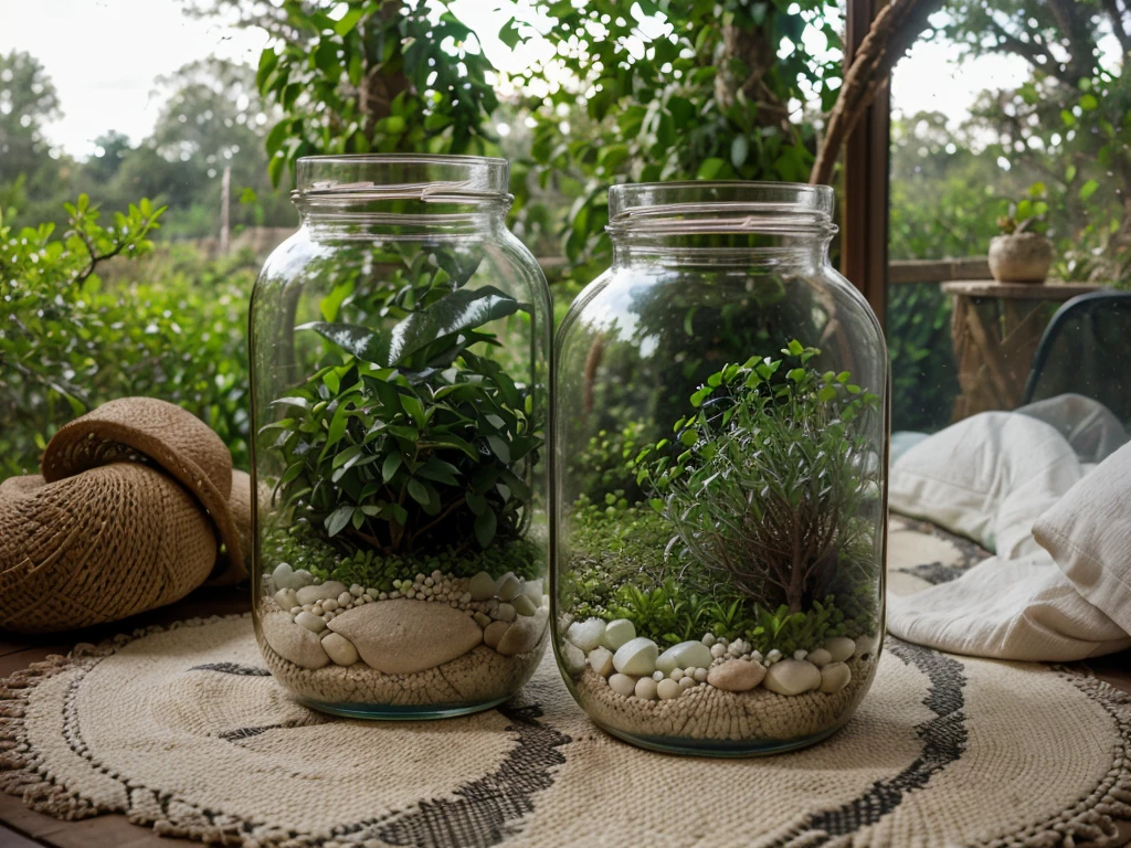 View from inside a glass jar showing a backyard with lots of vegetation in the background.