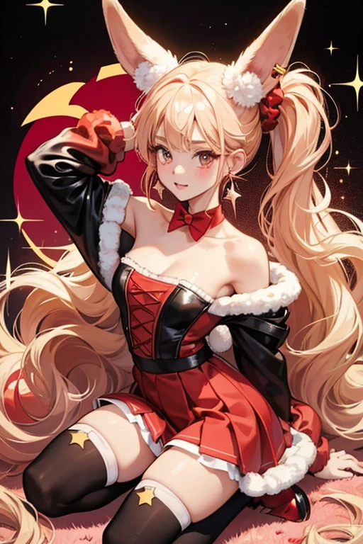 She looks like a bunny, with her ears tied back in a red scrunchie. Her skin/fur is a cream color and she wears star shaped earings. Her outfit is red and black, and wears black socks. SPARKLE; GLITTER