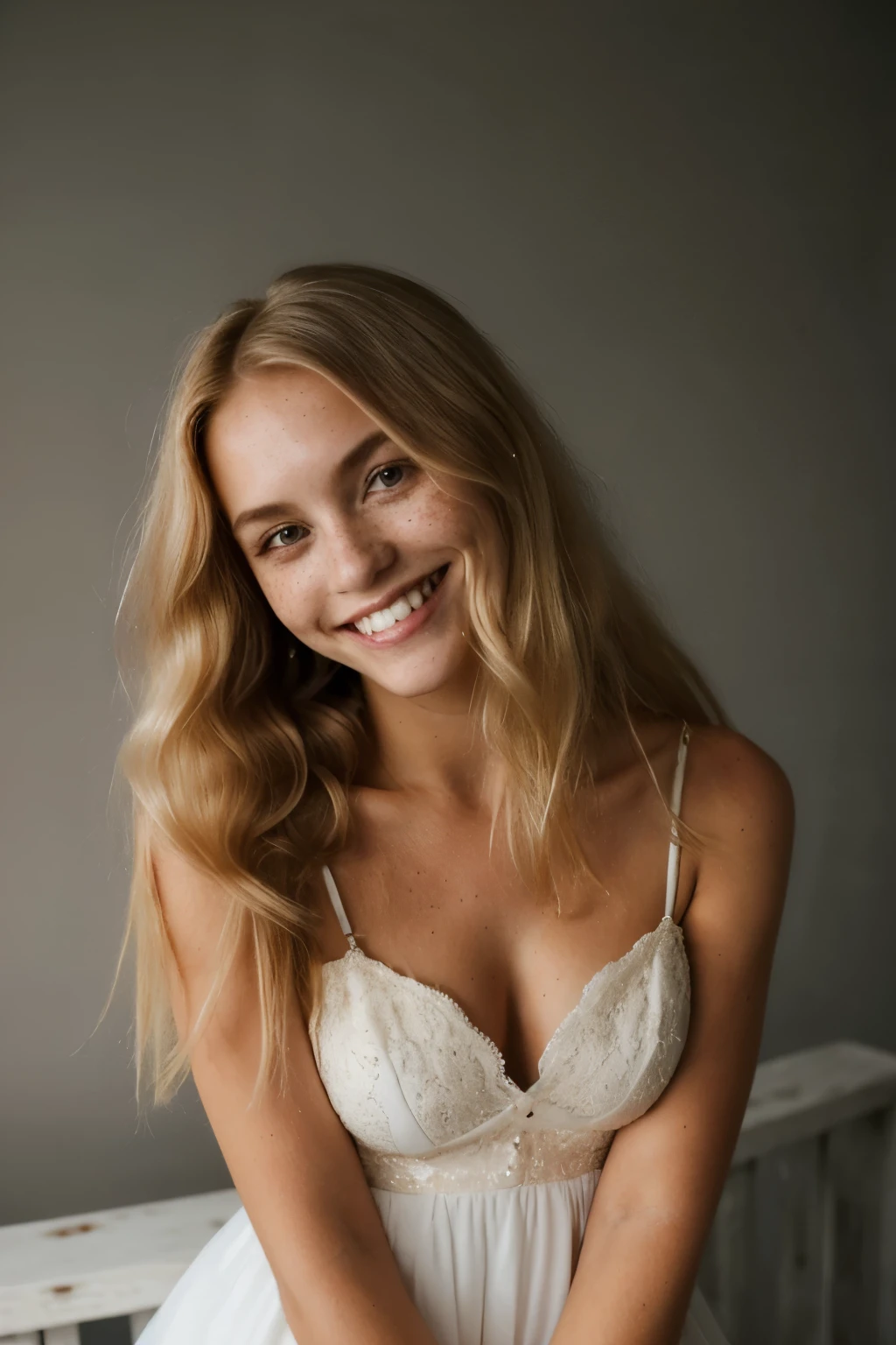 beautiful looking woman, smiling, white teeth, dress, (looking at the camera:1.4), (highest quality), (best shadow), intricate details, interior, long blonde hair:1.3, dark studio, muted colors, freckles