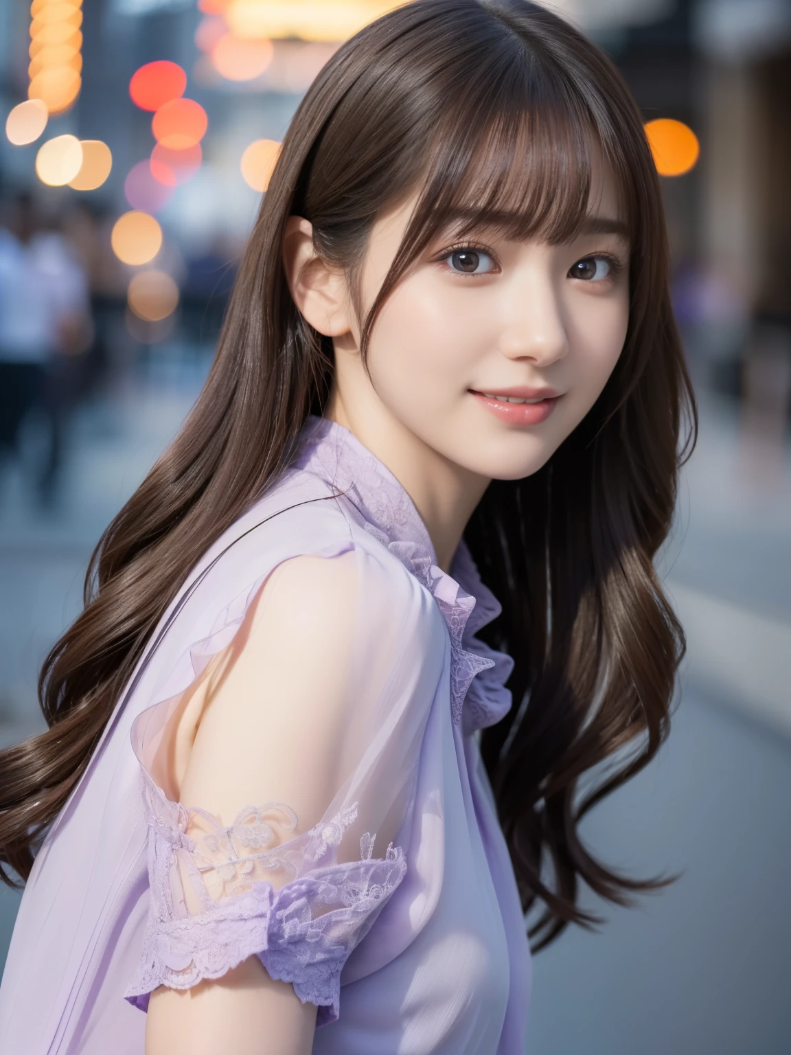 1 girl,(Wearing a light purple short-sleeved blouse:1.2),(RAW Photos, highest quality), (Realistic, Photorealistic:1.4), Tabletop, Very delicate and beautiful, Very detailed, 2k wallpaper, wonderful, In detail, Very detailedなCGユニティ8K壁紙, Very detailed, High resolution, Soft Light, Beautiful detailed girl, Very detailed目と顔, Beautiful and detailed nose, Fine and beautiful eyes,Cinema Lighting,Afternoon cityscape, Perfect Anatomy, Slender body, smile, Wavy long hair, (Random Body Orientation), Face looking at camera,