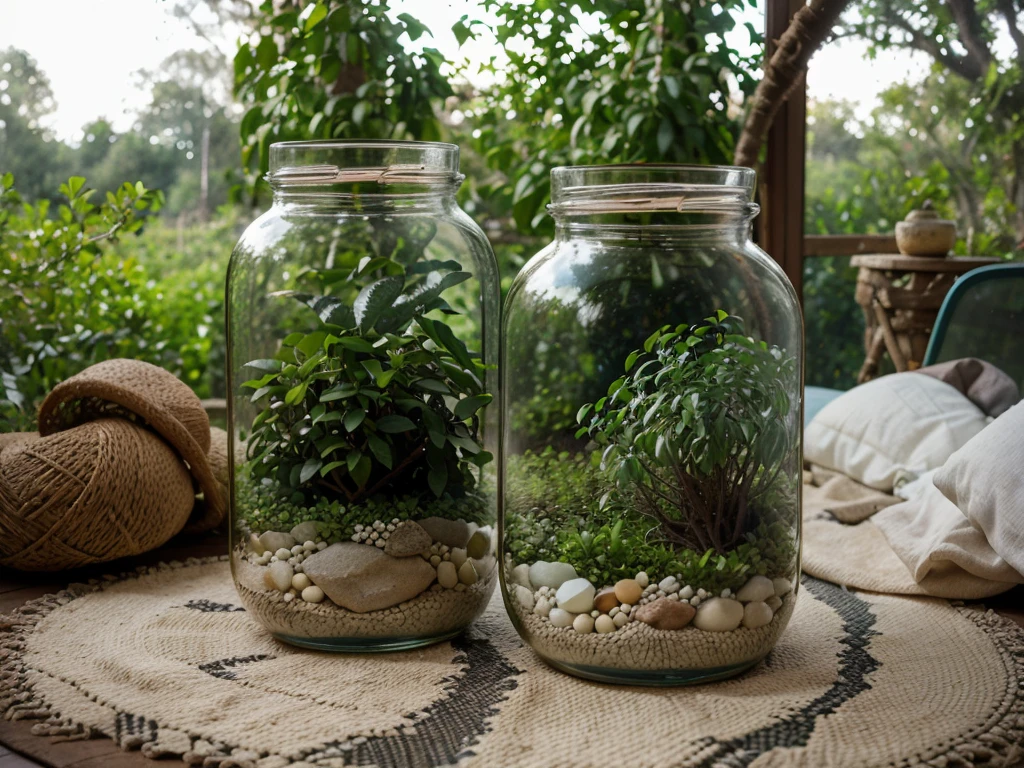 View from inside a glass jar showing a backyard with lots of vegetation in the background.